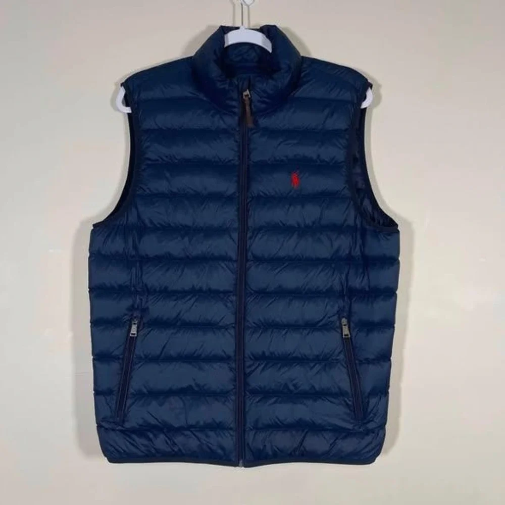 Polo Ralph Lauren Packable Down Vest Mens Medium Navy Blue Red Pony Preppy